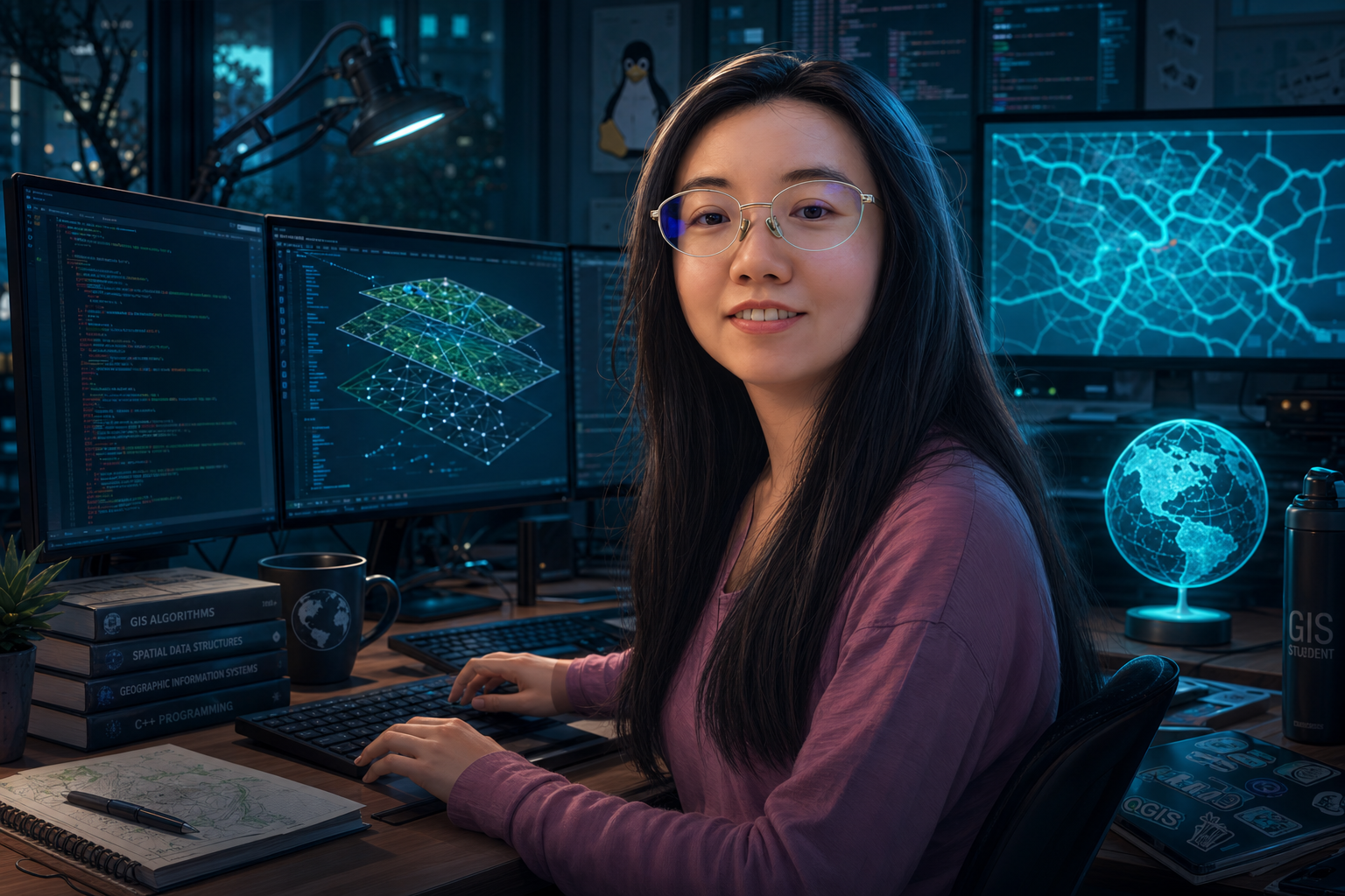 下午机房 Coding：本人形象在 GIS 和代码屏幕前工作