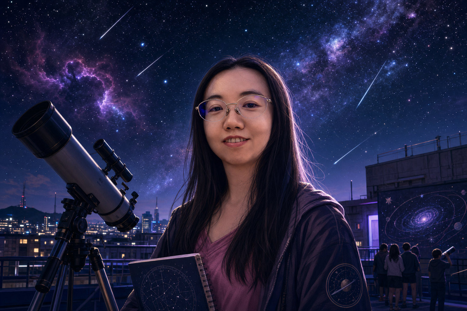 夜晚天文小组：本人形象站在望远镜和星空前